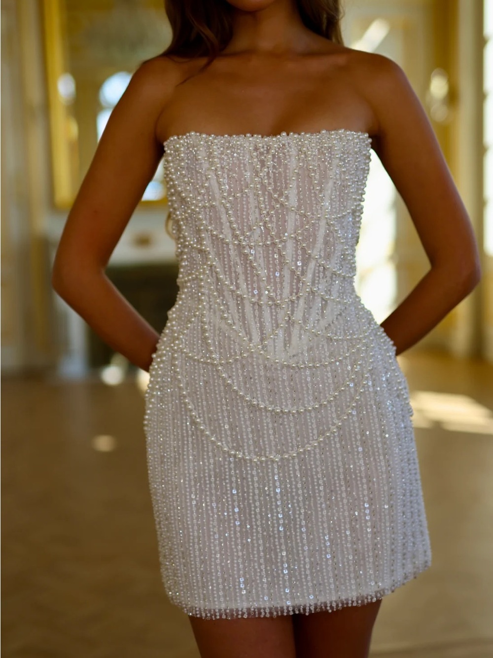 Strapless Pearl-Embellished Mini Dress — White - Picture 4 of 6